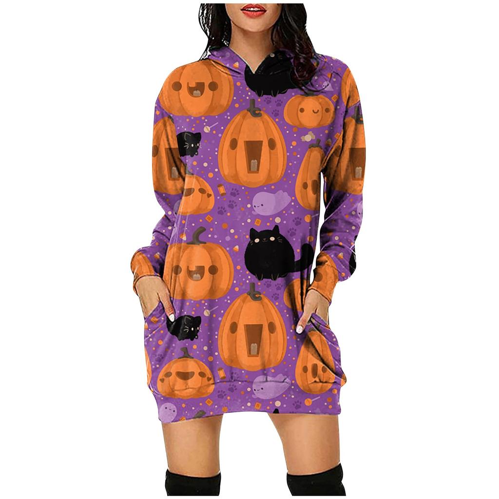 Women's Halloween  Printed Long Sleeve Hooded Pullover Dress Tops
