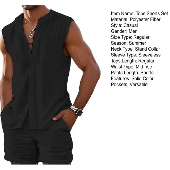 2 шт./комплект мужской летний наряд воротник-стойка без рукавов пуговицы планка рубашка топы широкие шорты комплект из двух частей костюм