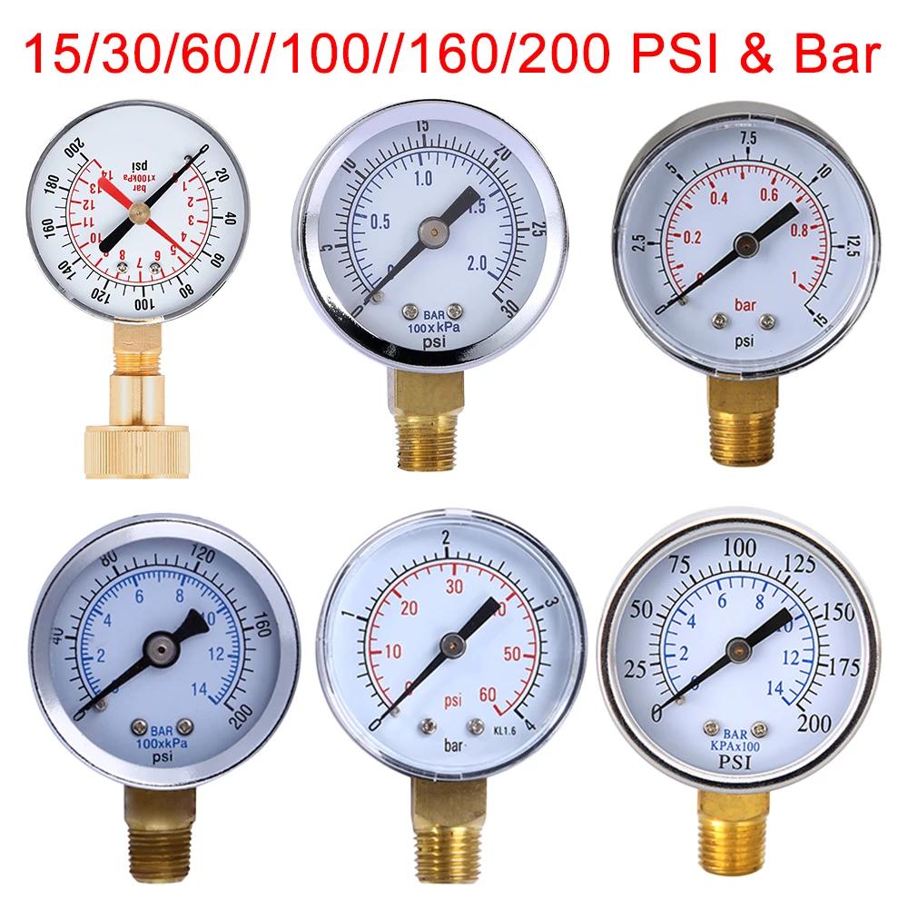 Манометр 15/30/60//100//160/200 PSI и бар для воздуха, газа, воды, топлива, жидкости. Тестер давления воздуха в шинах автомобиля, манометр для шин