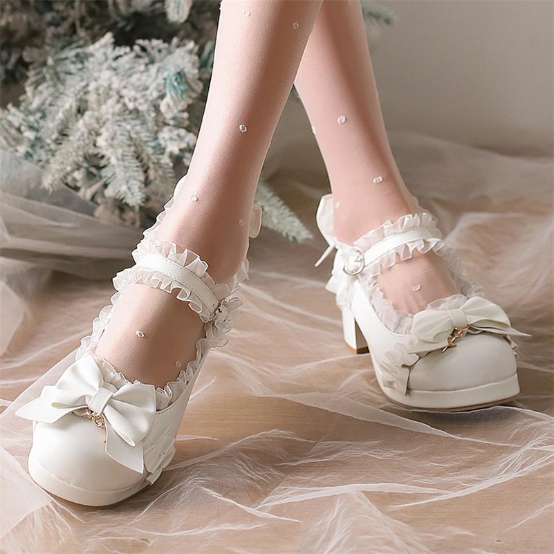 FOREADA Женские туфли-лолита Мэри Джейн с круглым носком, на толстом среднем каблуке, с пряжкой, бантом и оборками, кавайные модные женские туфли, весна-осень 46