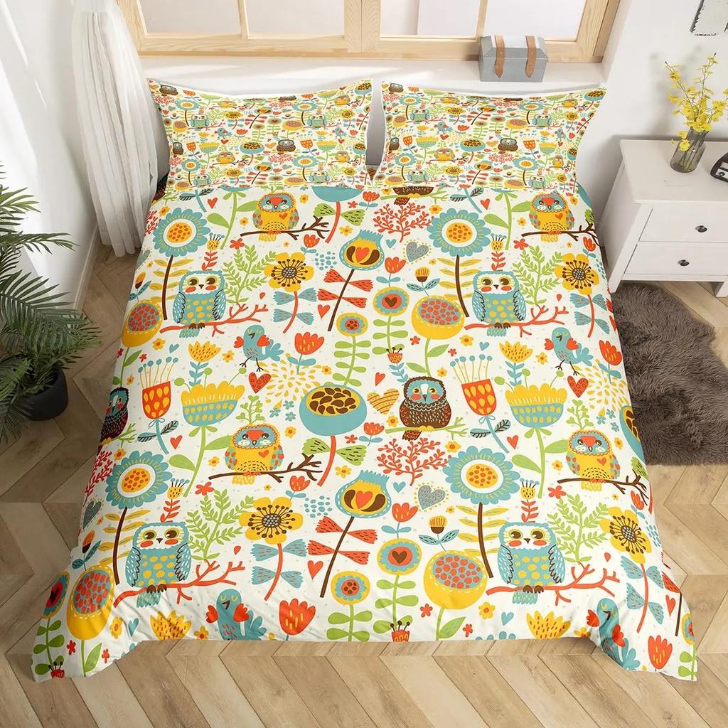 Kids Cartoon Garden Bed Set Cute Owls Comforter Cover, Chic Tree Butterfly Duvet Cover Full Queen White Daisy Floral Bedding Set