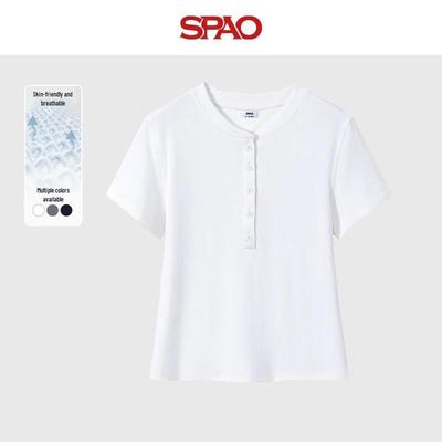Женская дышащая футболка SPAO с коротким рукавом и воротником- Henley, приталенного кроя