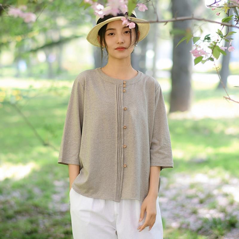 Johnature Женские трикотажные футболки, однотонные весенние повседневные футболки с круглым вырезом и семью рукавами на пуговицах