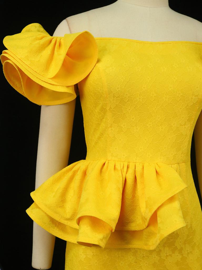 AOMEI Желтые кружевные платья Топы-трубы с оборками Сексуальное облегающее платье с высокой талией и баской до середины икры Торжественное мероприятие для празднования дня рождения Свадебные платья для гостей для женщин