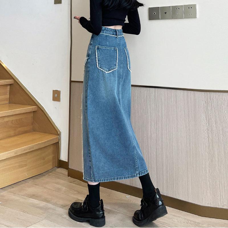 Необработанный край Дизайн А-силуэта Женская Нестандартная Винтажная Высокая Талия Разрез Пакет Бедра Средней Длины Юбка Универсальная Удобная Модная Джинсовая Юбка-Бюстье