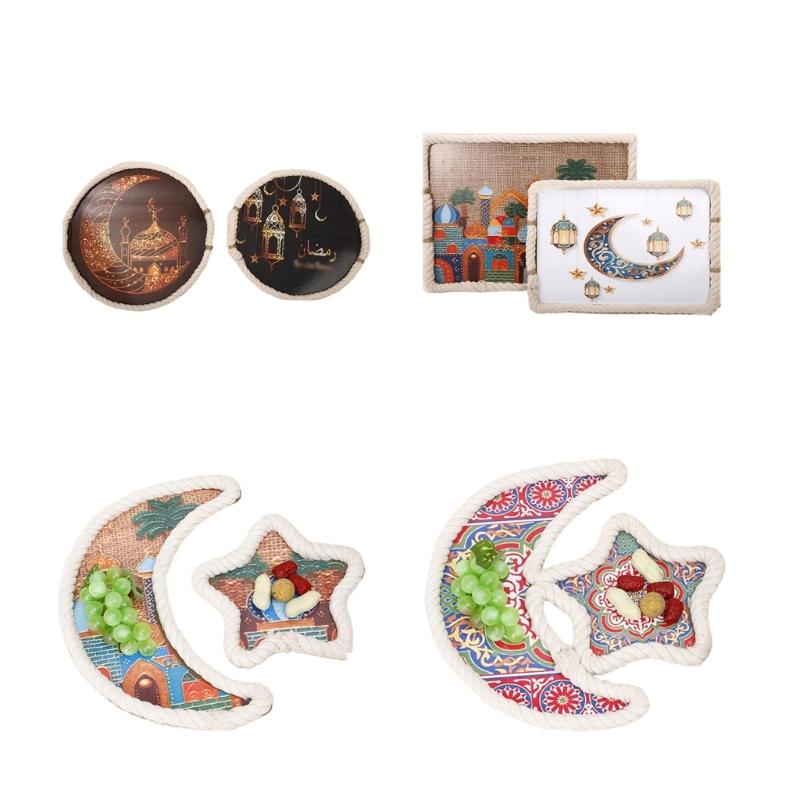 Изящные плетеные подносы из дерева и хлопковой веревки Рамадан Eid Mubarak DIY Поднос для подачи завтрака и десерта Декор для домашних вечеринок