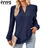 Women's Fashion Casual Spring Fall Solid Color Print Long Sleeve V-Neck Blouses & Shirts