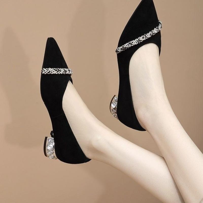 Женская летняя обувь Diamond Shoes for Woman 2024 Rhinestone Office Low Heel Elegant with Crystals Black Stylish on Promotion