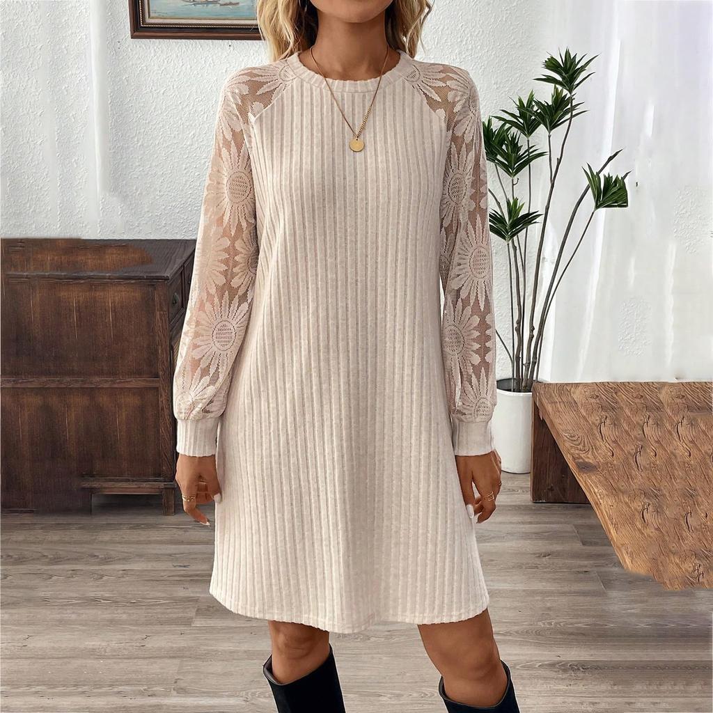 Женское модное повседневное платье с круглым вырезом, рубчатое, со шнуровкой, пуловер, с длинным рукавом