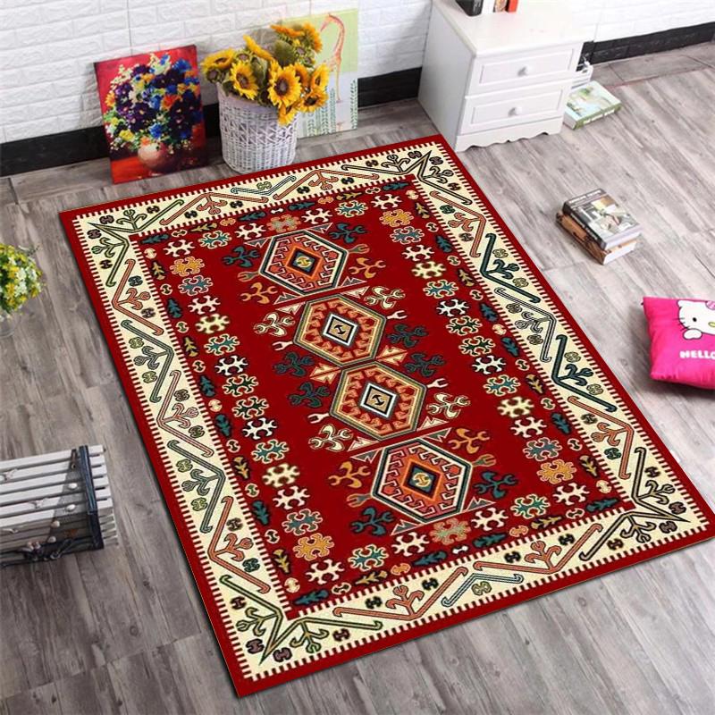 Bohemian Tribal Area Rug with Geometric Pattern, Vintage Red Large Carpet for Living Room Bedroom Home Decor, Non-Slip Soft Floor Mat
