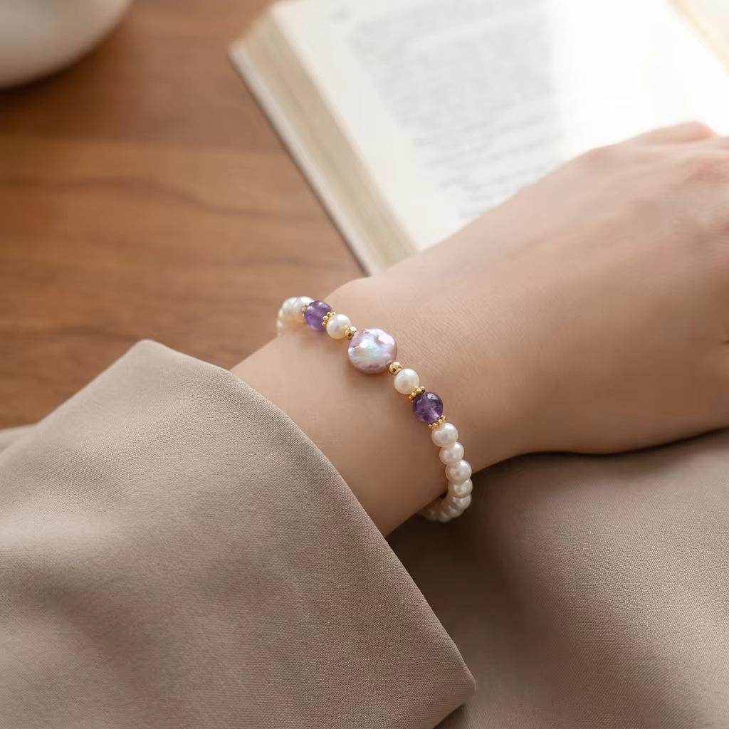baroque pearl bracelet Amethyst and freshwater pearl jewelry Natural and elegant style
