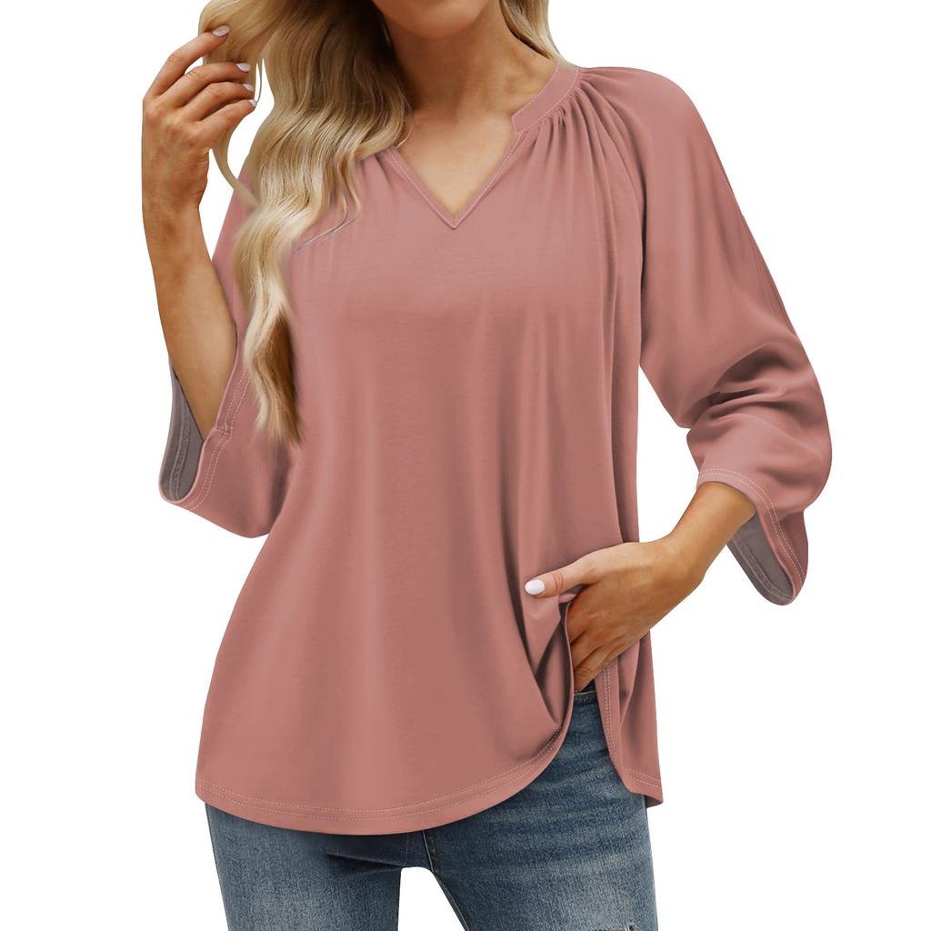 Women's Summer Casual 3/4 Sleeve T-Shirt Solid V Neck Pullover Top