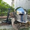 Medieval Barbute Helmet Wearable Steel Knight Helmet with Liner Chin Strap Ideal for Role Play, Display Stand Included Halloween Gif