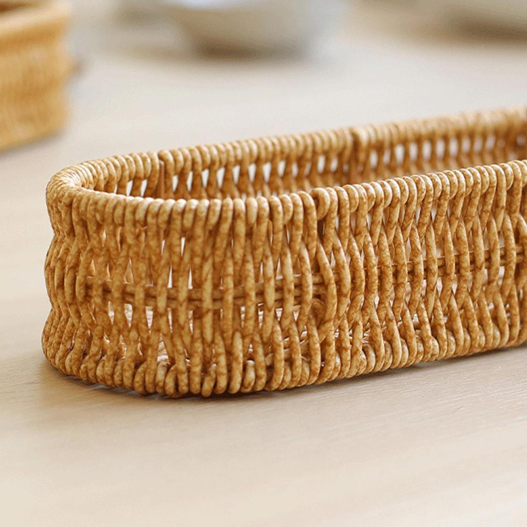 Oval Shape Tableware Storage Basket Retro Plastic Faux Wicker Tray Decorative Desk Shelf Baskets Desk Organization