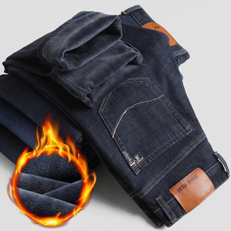 Мужские флисовые джинсы Зимние Новые Большие размеры Толстые Теплые Прямые Стрейч Мужские Деловые Повседневные Рабочие Джинсовые Утепленные Брюки