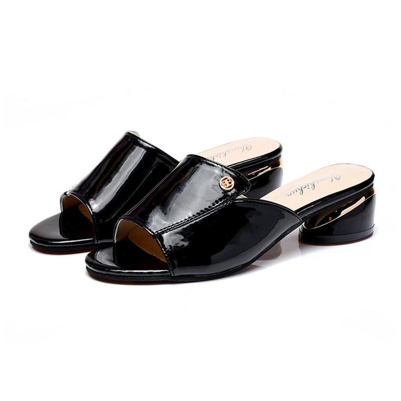 Sandals Women's Medium-heeled Thick-heeled Summer Soft Leather Sandals and Slippers Outside Wear Fish Mouth Large Size Women's Shoes