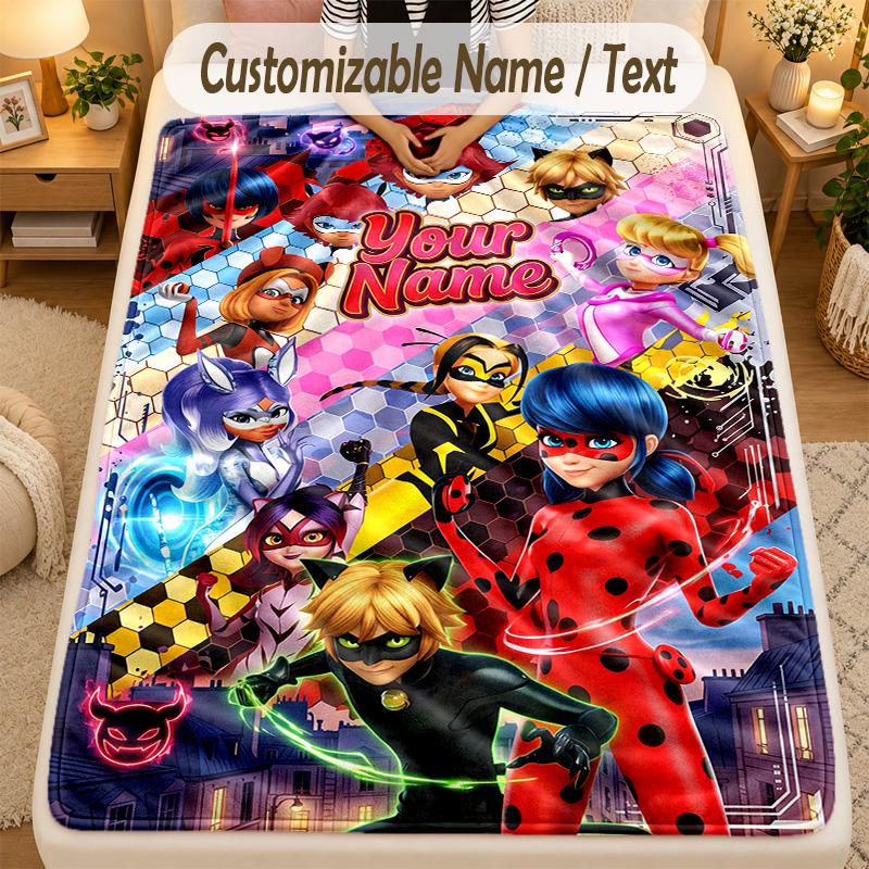 Flannel BlanketMiraculous Ladybug Custom Name Text Personalized Soft Warm Throw Blanket Home Decor Gift