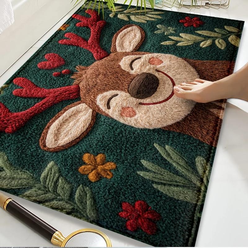 Fluffy Christmas Deer Microfiber Bath Mat - Quick-Dry & Absorbent, Festive Holiday Design with Red Berries & Green Leaves