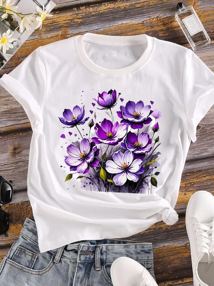 (Азиатский размер) Одежда Повседневная Цветочная Милая Растительная Тенденция Модная Футболка С Коротким Рукавом Женская Футболка С Принтом Женская Графическая Футболка