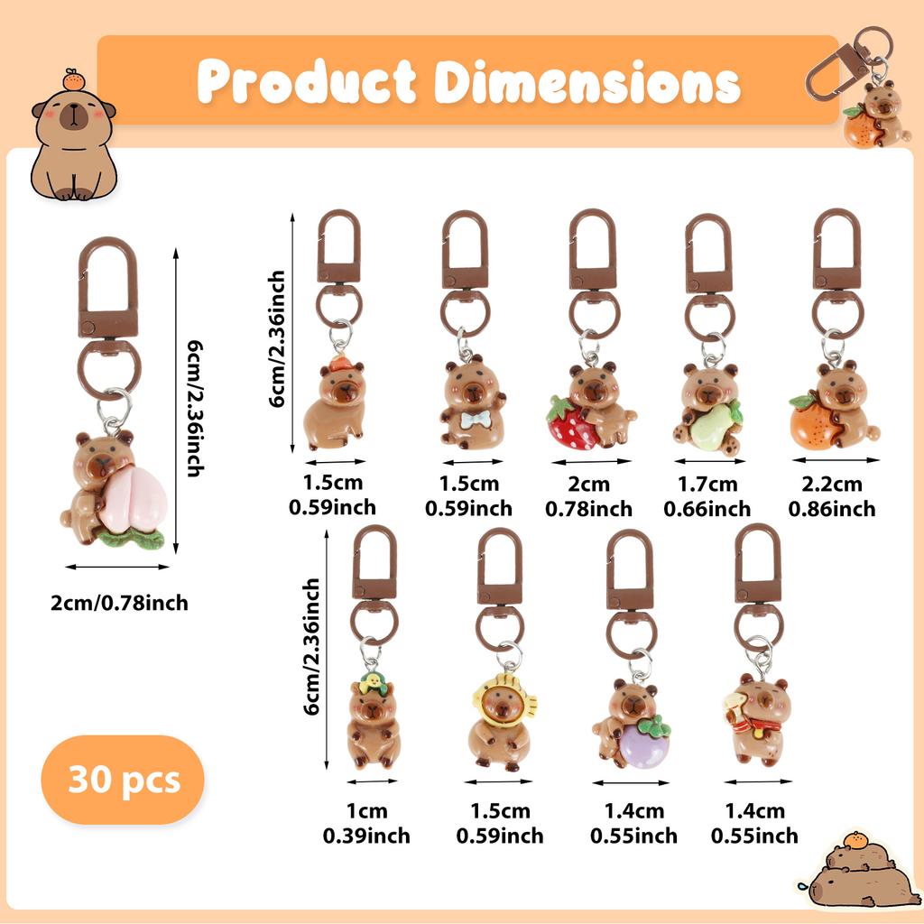 30Pcs Cute Resin Capybara Key Chains 3D Capybara Keychain Pendant Party Gift Purse Backpack Handbag Car Animal Pendants Decor