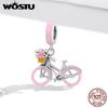 Cartoon Enamel Realistic Pink Girl Bicycle 925 Sterling Silver Beads Fit Bracelet Bangle Fine Jewelry