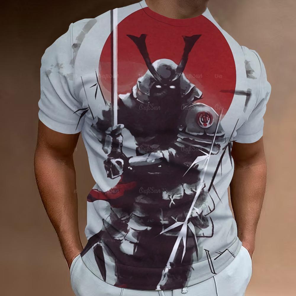 Japanese Samurai Print Short Sleeve T-Shirt For Men Retro Men's T-Shirt Street Fashion Man Clothes Loose Oversized Tee Tops 2024