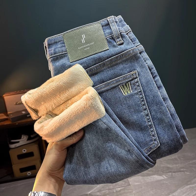 Высококачественные мужские джинсы, утолщенные, новые, облегающие, узкие брюки с вышивкой, осенние и зимние, утолщенные, повседневные, мужские шаровары
