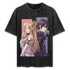 Sword Art Online Кирито и Асуна Винтажная стираная футболка Аниме Пара Графика Черный Хлопок Оверсайз Уличная футболка