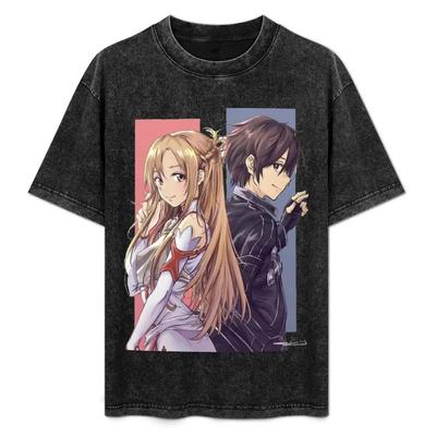 Sword Art Online Кирито и Асуна Винтажная стираная футболка Аниме Пара Графика Черный Хлопок Оверсайз Уличная футболка