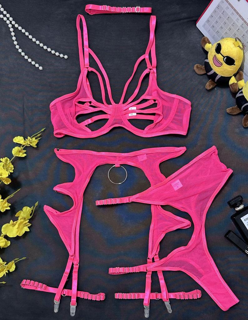 Популярное европейское и американское эротическое белье: Сексуальный сетчатый бюстгальтер, облегающий, на косточках, комплект из 4 предметов