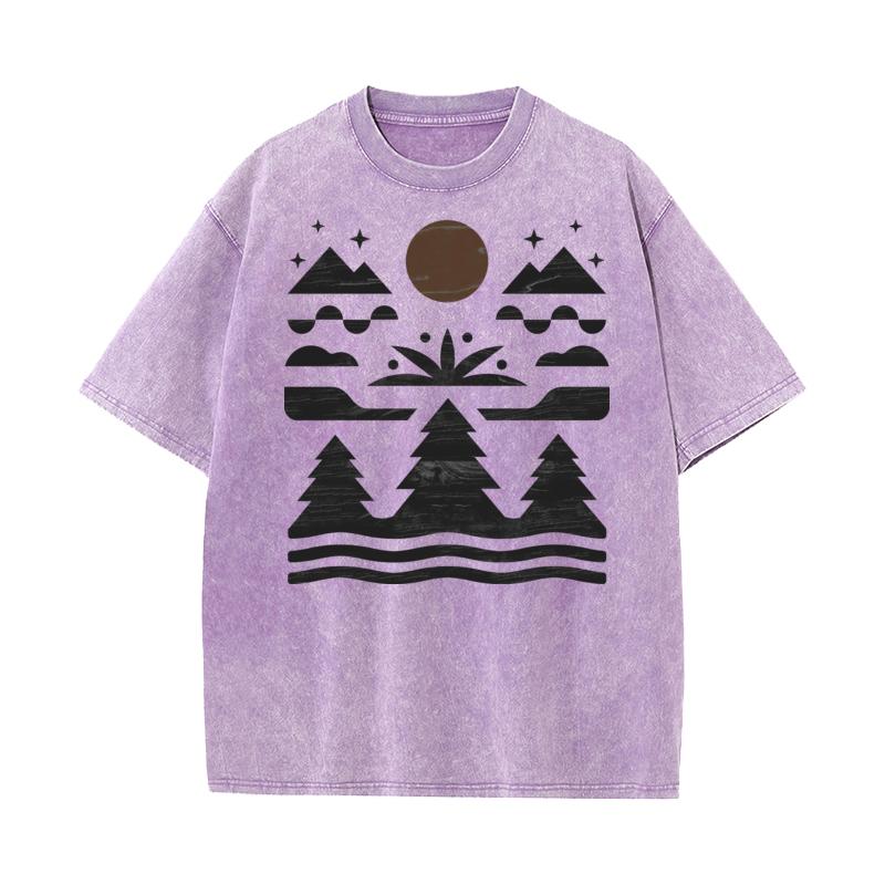 Mountain Outdoors Tree Washed T Shirt Leisure Discount Round Collar All Cotton Tops Tees Washed Tshirts for Women Father Day