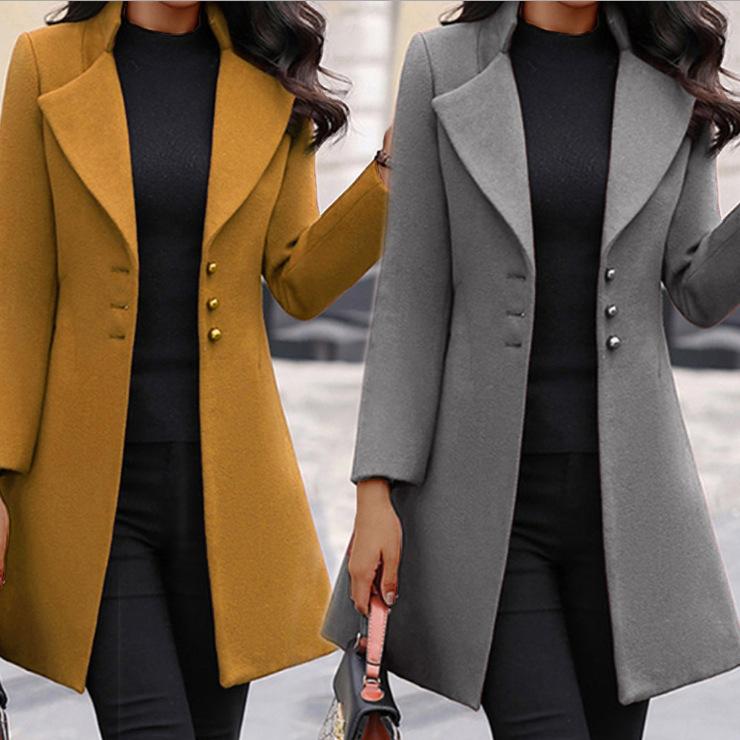 European and American Autumn and Winter Mid-length British Version Slimming Solid Color Slim-fitting Women's Woolen Coat with Lapel Women