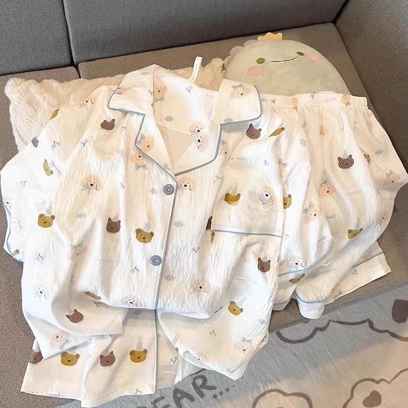 2024 Милый мультяшный женский хлопковый пижамный комплект - летний с короткими рукавами и шортами