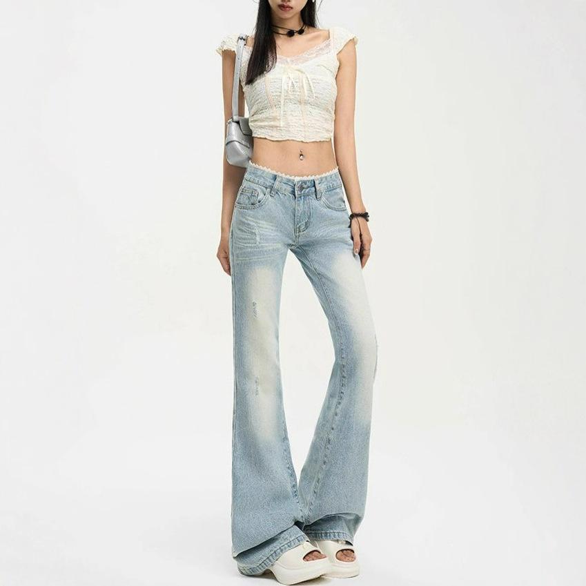 Кружевные вставки Микро-большие джинсы Женские Летние Выбеленные Голубые Ретро Скинни С низкой посадкой Джинсовые брюки Ретро Уличный стиль Мешковатые Длинные Джинсы для Леди