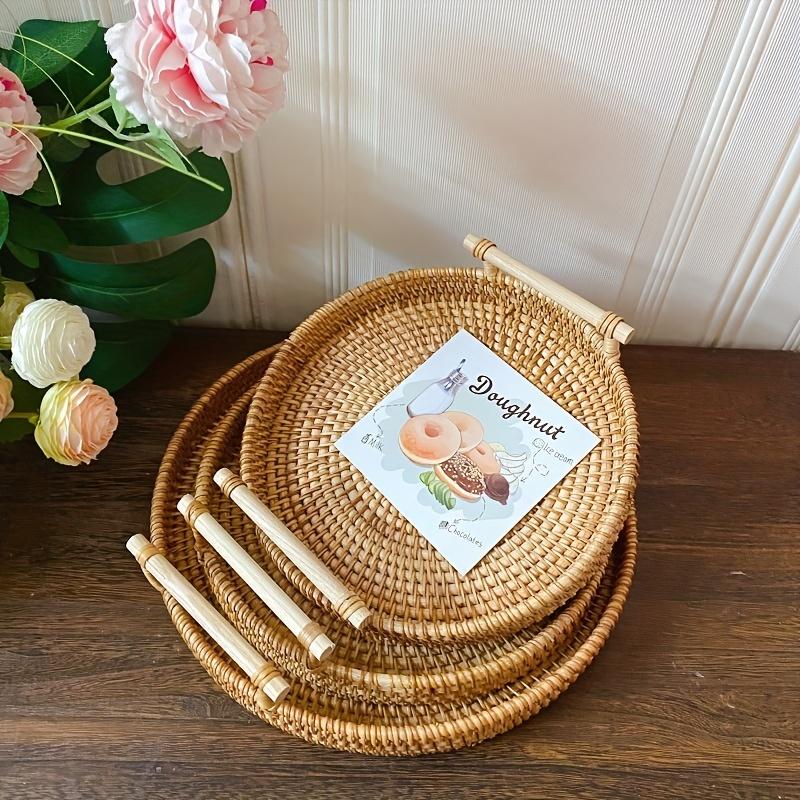 1pc Artisanal Woven Rattan Serving Tray,Dual Handles, Multipurpose Tea and Snack Presentation Platter, Ideal Bread Basket