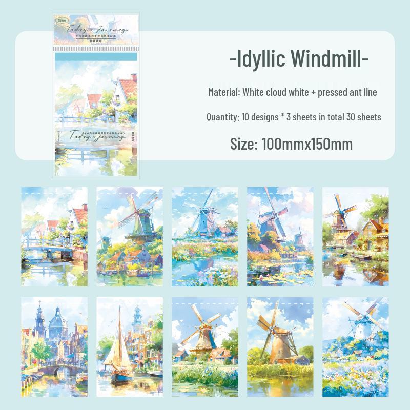 Ретро-блокнот для заметок с акварельным рисунком - Серия «Сегодняшнее путешествие», 30 листов, Тема: Пейзаж, 6 стилей в ассортименте