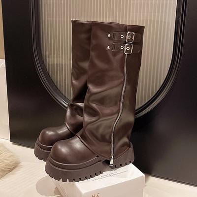 Винтажные женские сапоги до колена Модные туфли на платформе и толстом каблуке Женские лаконичные длинные боты