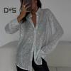 Women's Sequin Button Down Shirt Long Sleeve Lapel Shiny Blouse Ladies Casual Loose Fit Top for Work Leisure And Daily Wear