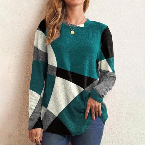 Women Tops Round Neck Long Sleeve Contrast Color Geometric Print Loose Fit Tee Shirt Casual Pullover Tops