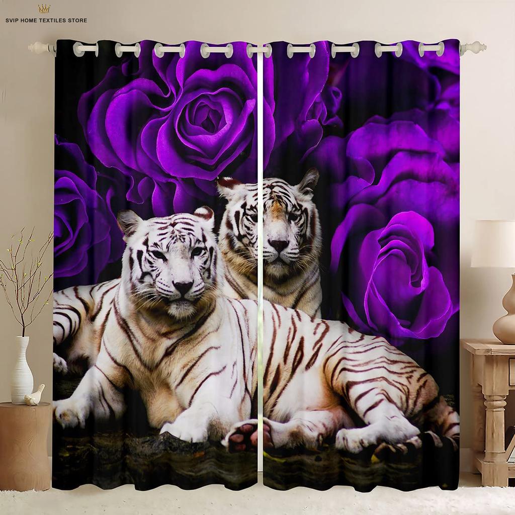 Занавеска с изображением розового цветка и тигра, напечатанная на 3D-принтере, занавеска в стиле ретро, украшение окна, карман для штанги, украшение для дома, 2 шт.