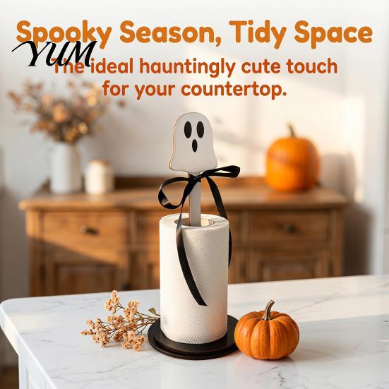 Wooden Kitchen Roll Stand Halloween Paper Towel Holder, Ghost/Pumpkin/Witch's Hat/Bat Decor, Vertical Holder Durable Wood Standing Reel for Countertop