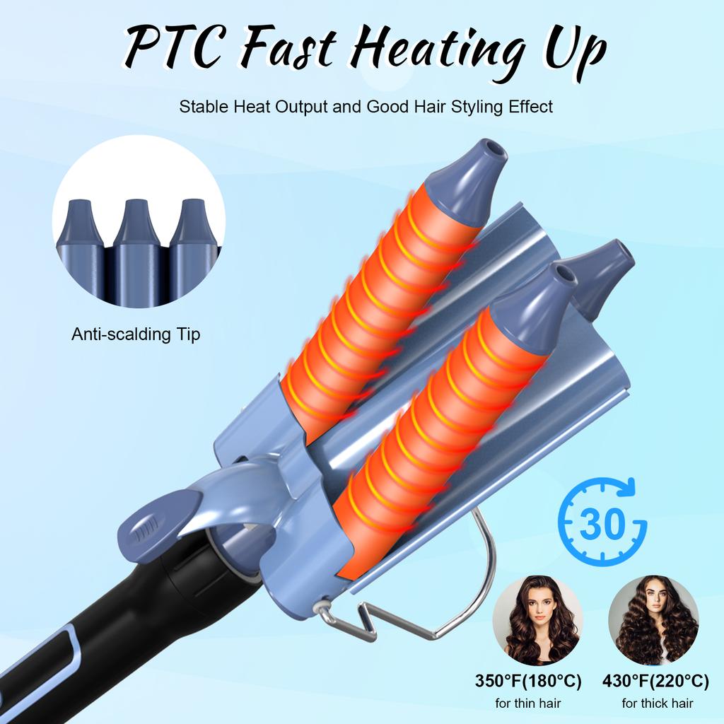 Pretfy 3-IN-1 Hair Curler Set Hair Curling Iron Wand Hair Waver Temperature Adjustable LCD Temp