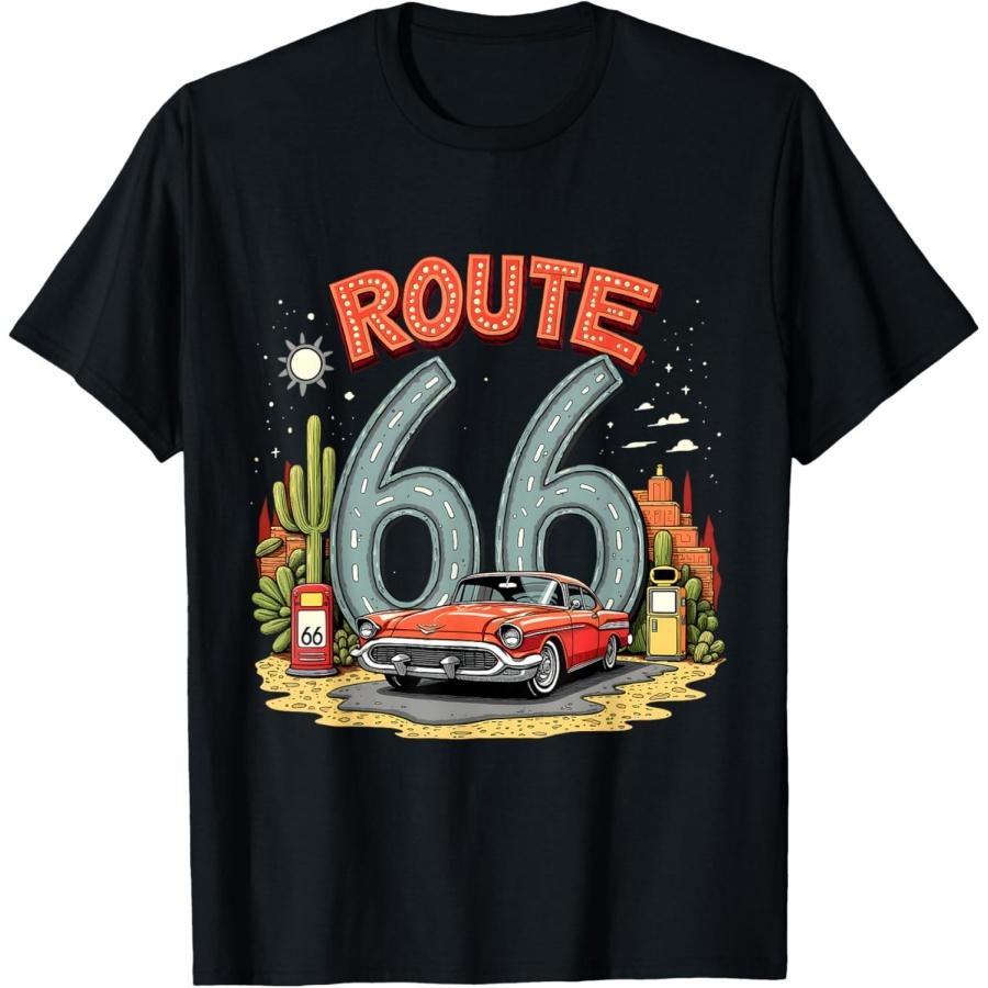 Дизайн футболки "Путешествие по пустыне Route 66 с классическим красным автомобилем"