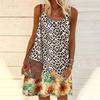 Women Flower Leopard Print Printed Mini Dress Sleeveless Party Dress Summer Beach Dress Sundress