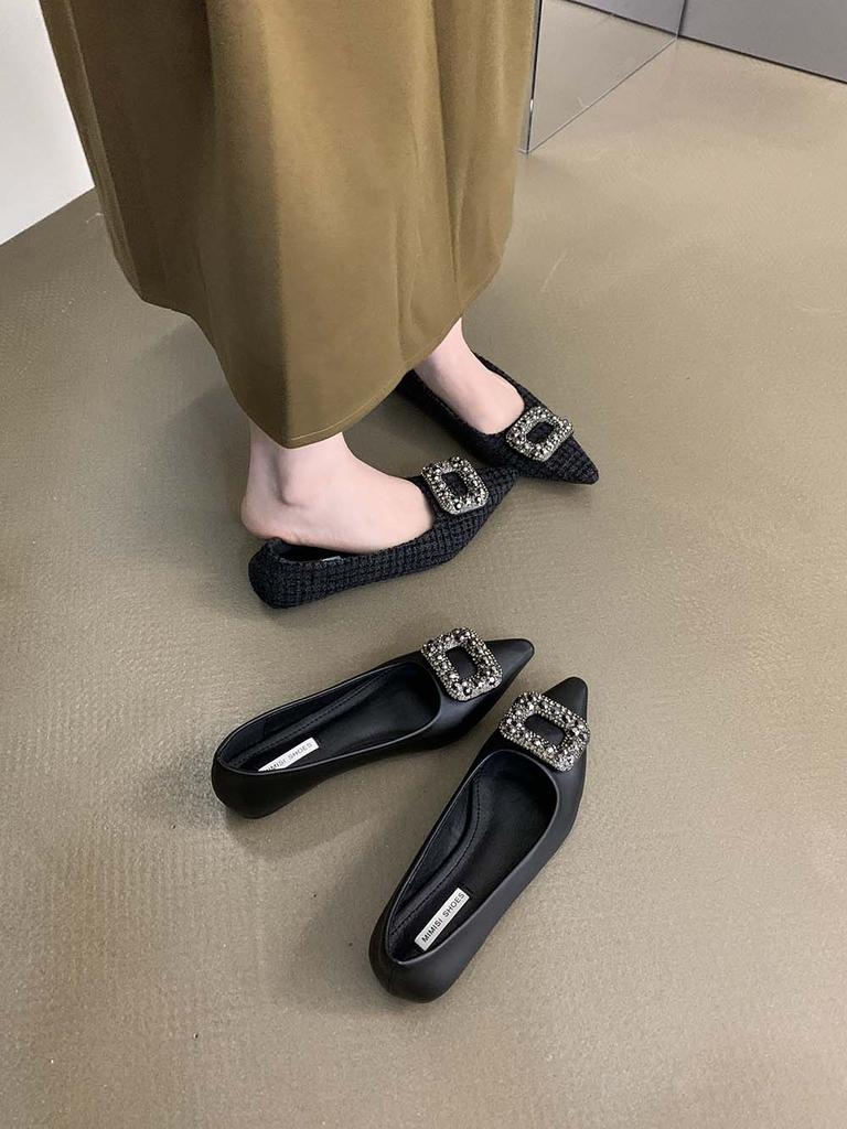 Модные женские туфли-лоферы с острым носком на плоской подошве 2024 года, новые поступления, осенне-весенние туфли на низком каблуке со стразами и пряжкой Mary Janes 39