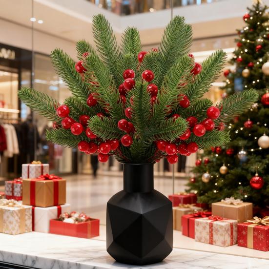 Рождественские сосновые ветки с красными ягодами Искусственные стебли зелени для дерева Цветочные композиции Домашний офис Праздничное украшение для центра стола