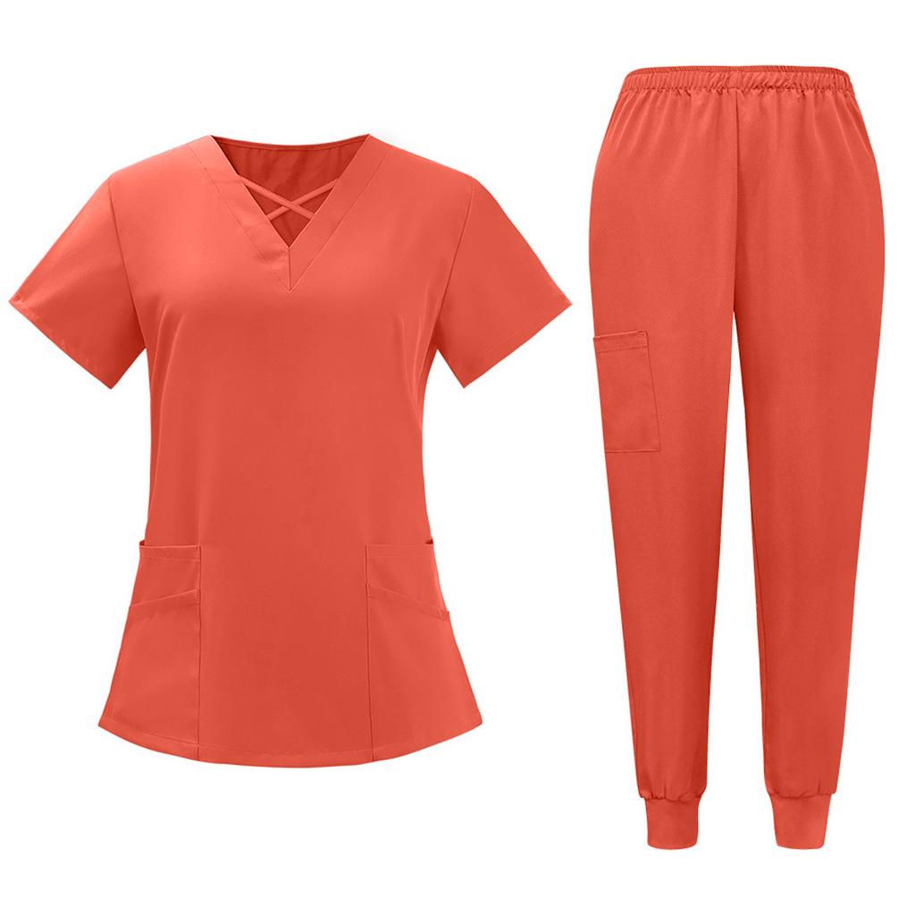 Women's Short Sleeved Solid Color V Neck Pocket Top Pants Work Clothes Two Piece Set
