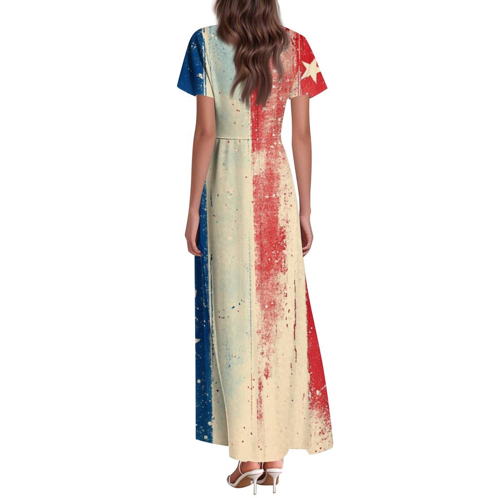Женские летние повседневные модные платья с принтом ко Дню независимости, платья с коротким рукавом и V-образным вырезом
