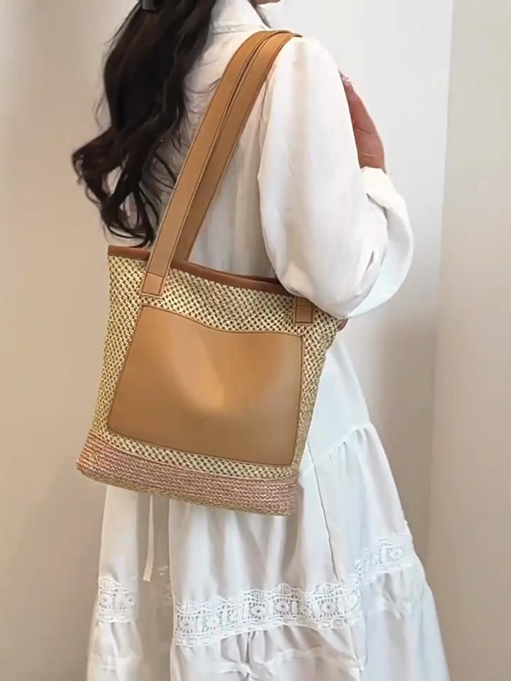 Women's Woven Straw Beach Bag Shopper Tote for Vacation Seaside Large Capacity Beach Shoulder Bag AVE