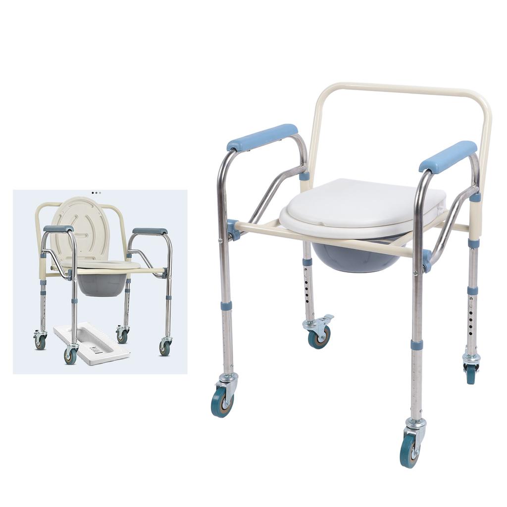 Bedside Commode Chair with Brake Wheels Carbon Steel Foldable Adjustable Height Multifunctional Toilet Chair
